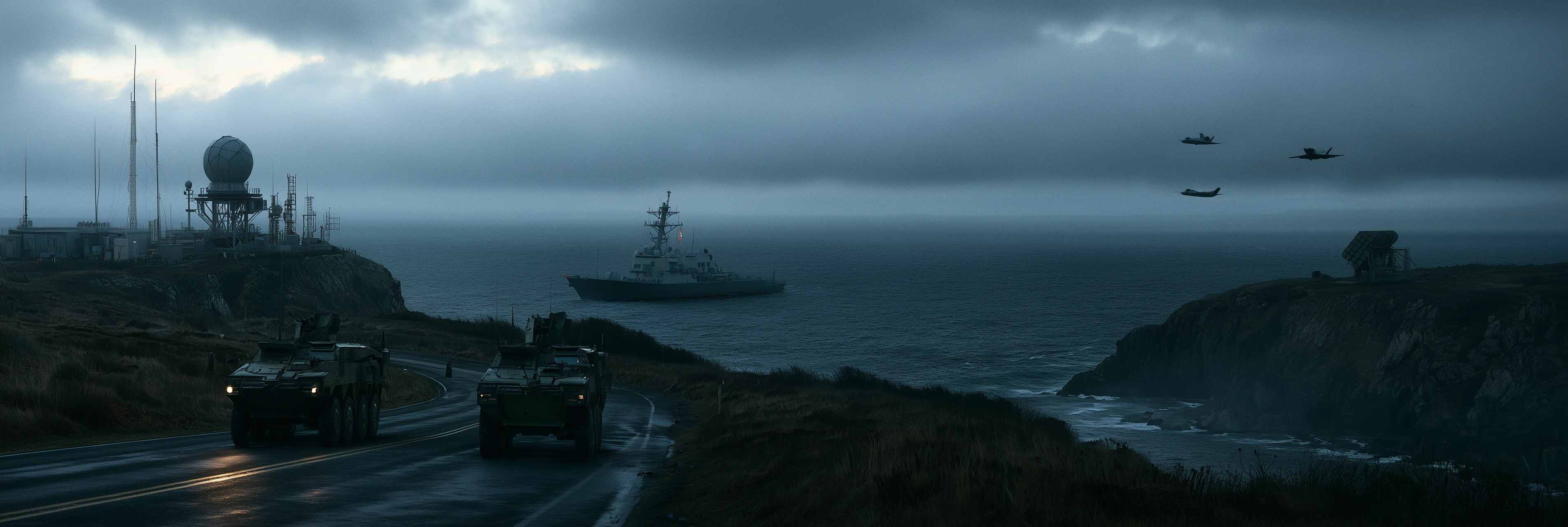 Armored vehicles and a naval vessel on a coastal defence line